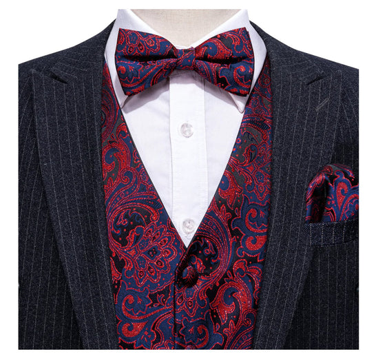 Fashion Men's Red Blue Paisley Silk Vest Bowtie Pocket square Cufflinks - MJ - 2504 - SimonVon Shop