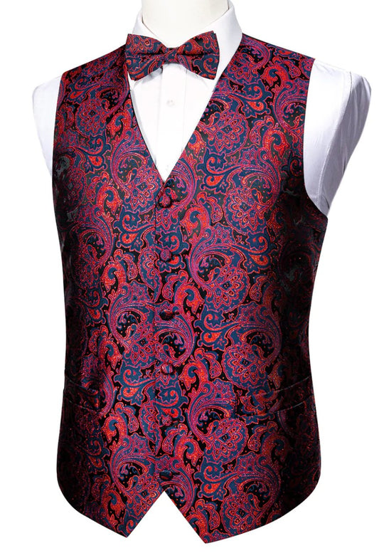 Fashion Men's Red Blue Paisley Silk Vest Bowtie Pocket square Cufflinks - MJ - 2504 - SimonVon Shop