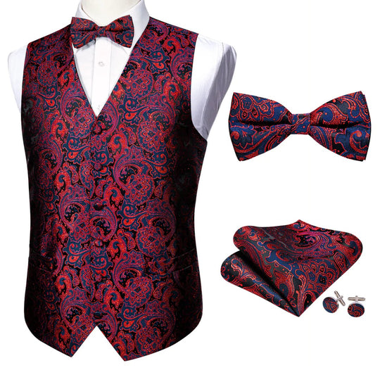 Fashion Men's Red Blue Paisley Silk Vest Bowtie Pocket square Cufflinks - MJ - 2504 - SimonVon Shop