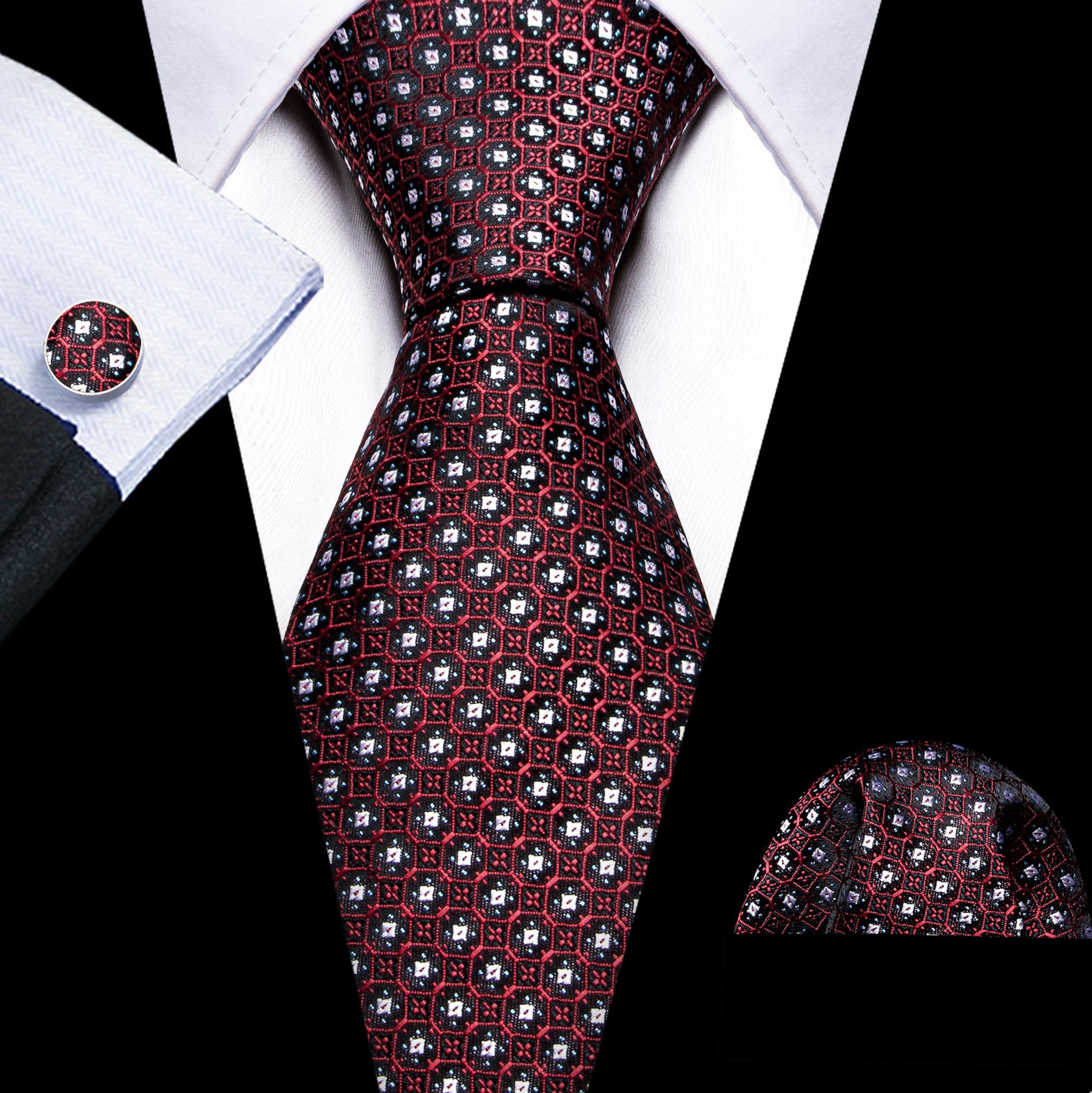 Fashion Red White Striped Silk Tie Handkerchief Cufflinks Set-N-6079 - SimonVon Shop