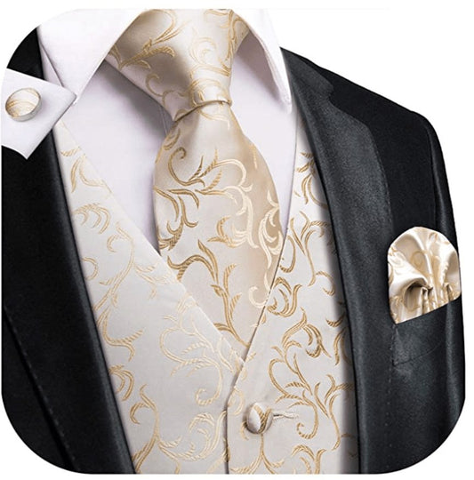 Gold and Burge Classic Men's 4pc Waistcoat Vest Necktie Pocket Square Cufflinks Set - MJ - 0017 - SimonVon Shop