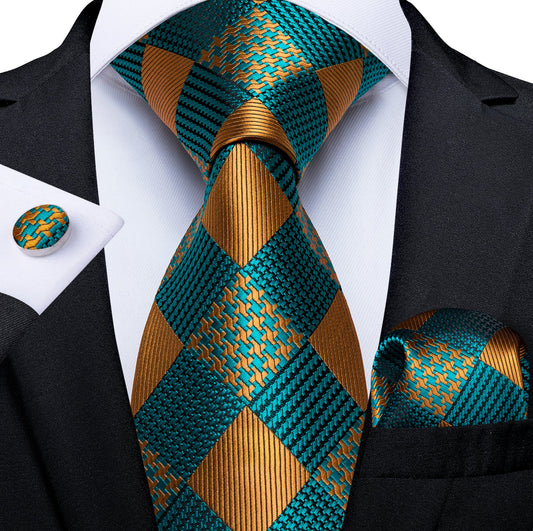 Gold and Teal Men's Silk Tie handkerchief Cufflinks set - SimonVon Shop