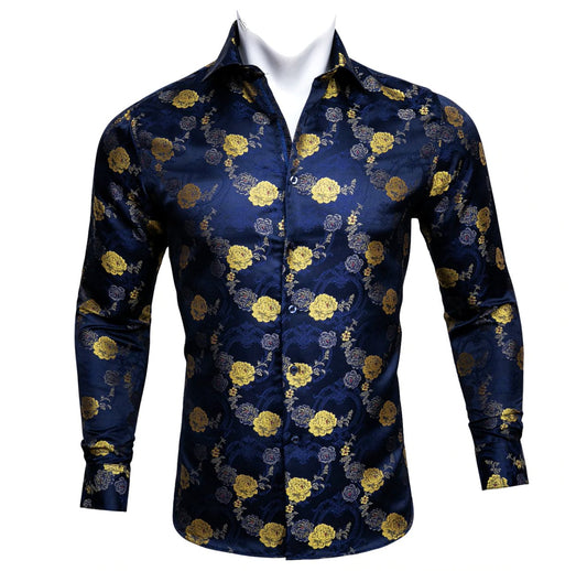 Gold Blue Floral Silk Mens Shirts. CY - 0052 - SimonVon Shop