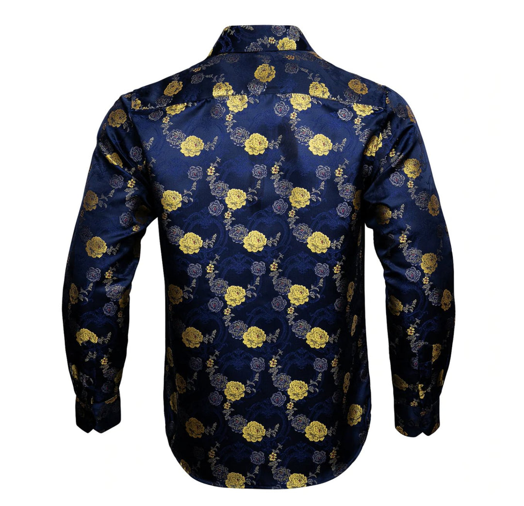 Gold Blue Floral Silk Mens Shirts. CY - 0052 - SimonVon Shop
