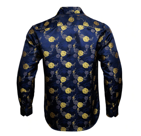 Gold Blue Floral Silk Mens Shirts. CY - 0052 - SimonVon Shop