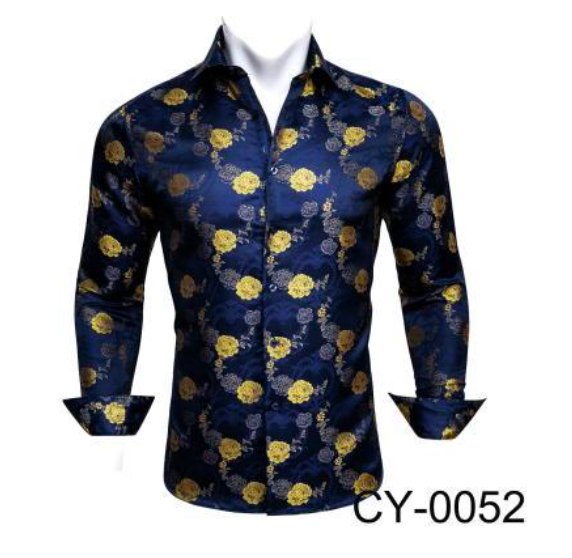 Gold Blue Floral Silk Mens Shirts. CY - 0052 - SimonVon Shop