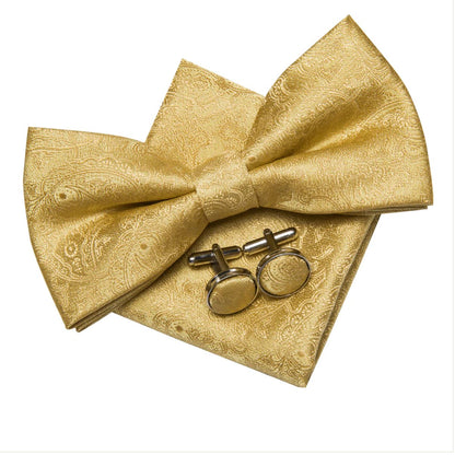 Gold Paisley Pre - tied Bow Tie Hanky Cufflinks Pin Set - LH - 0512 - SimonVon Shop