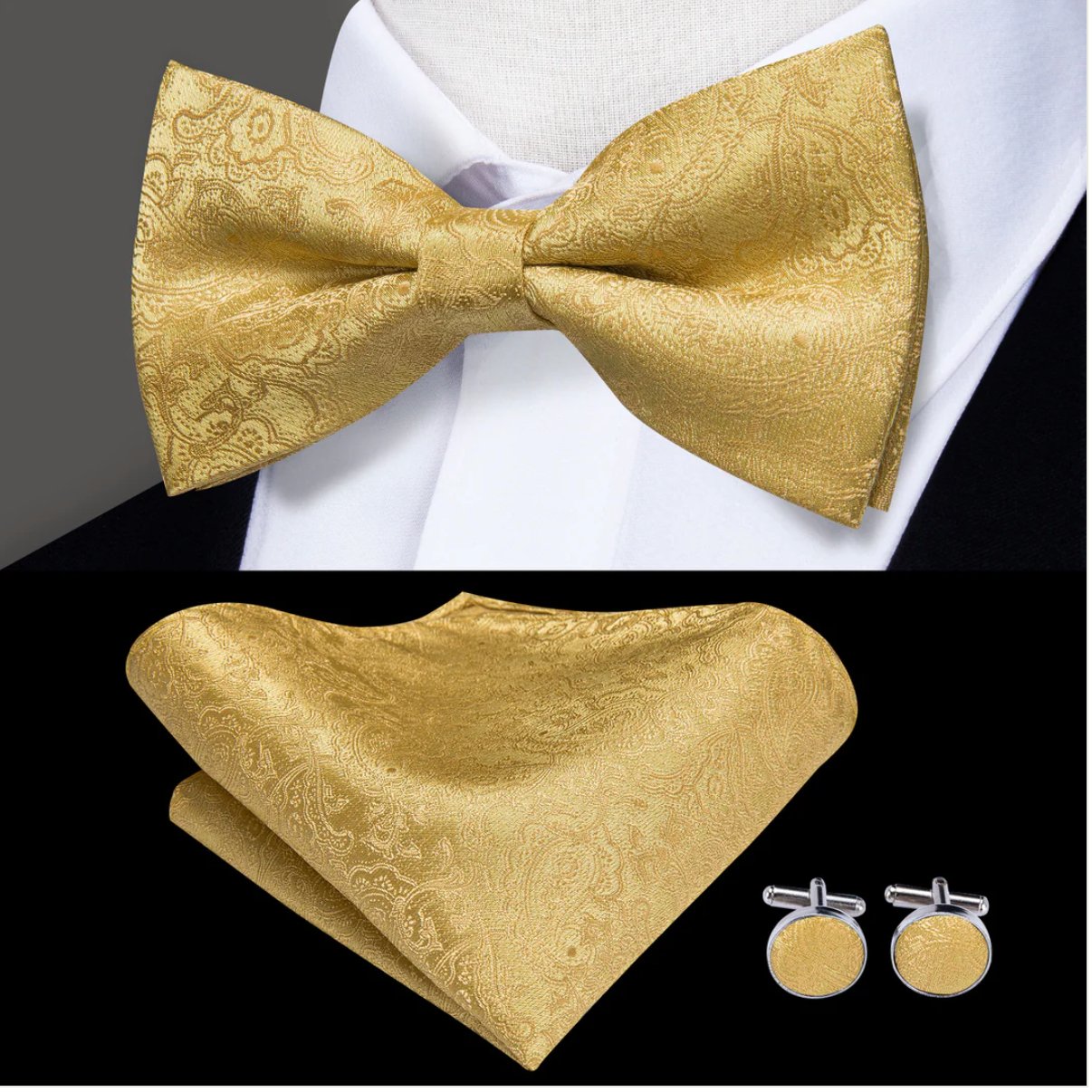 Gold Paisley Pre-tied Bow Tie Hanky Cufflinks Pin Set- LH-0512 - SimonVon Shop