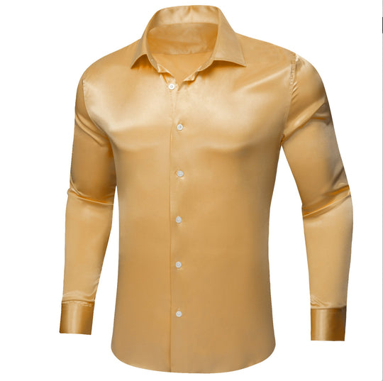 Gold Solid Satin Silk Men's Long Sleeve Dress Shirt - CY - 0516 - SimonVon Shop