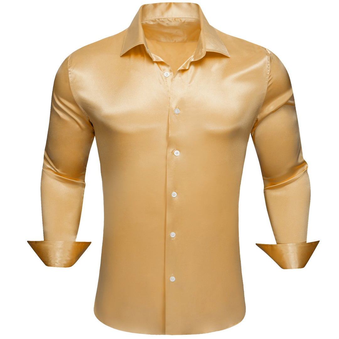 Gold Solid Satin Silk Men's Long Sleeve Dress Shirt - CY - 0516 - SimonVon Shop