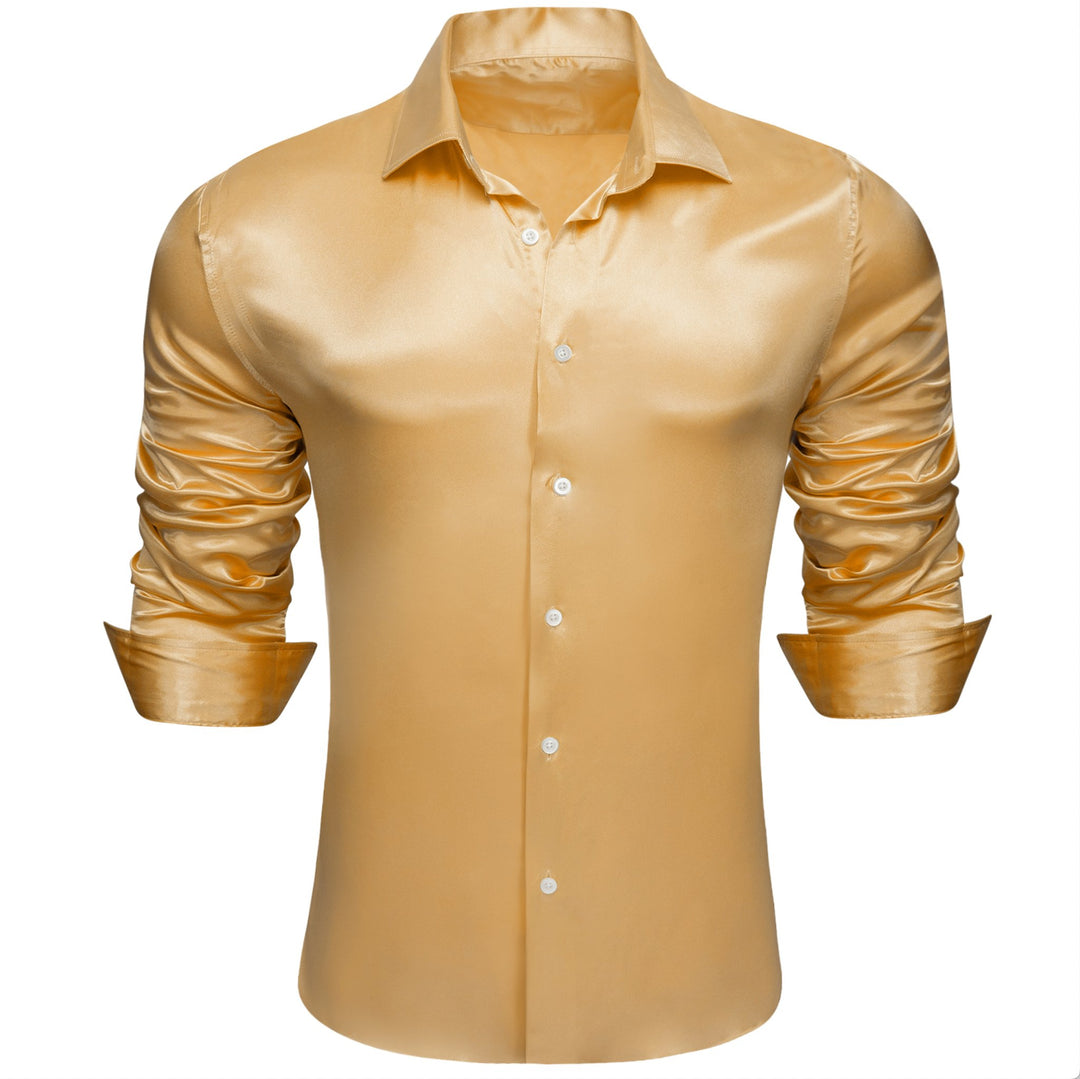 Gold Solid Satin Silk Men's Long Sleeve Dress Shirt - CY - 0516 - SimonVon Shop
