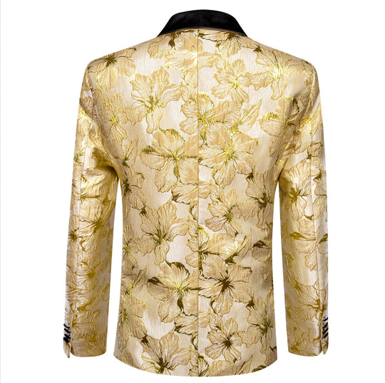 Gold Yellow Floral Suit Jacket Slim One Button Stylish Blazer - XX - 0032 - SimonVon Shop