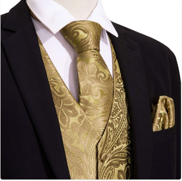 Golden Floral Men's 4PC Waistcoat Vest Necktie Pocket Square Cufflinks- MJ-2017 - SimonVon Shop