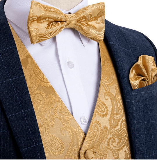 Golden Paisley Jacquard Men's 4pc Waistcoat Vest Necktie Pocket Square Cufflinks Set. MJ - 0112 - SimonVon Shop