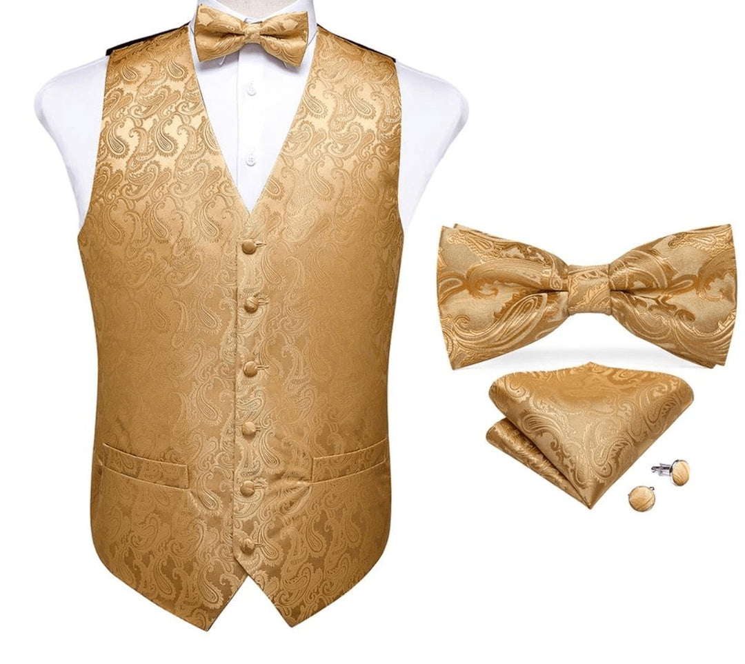 Golden Paisley Jacquard Men's 4pc Waistcoat Vest Necktie Pocket Square Cufflinks Set. MJ - 0112 - SimonVon Shop