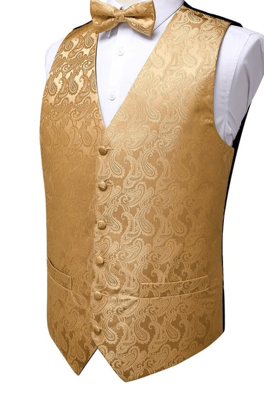 Golden Paisley Jacquard Men's 4pc Waistcoat Vest Necktie Pocket Square Cufflinks Set. MJ - 0112 - SimonVon Shop