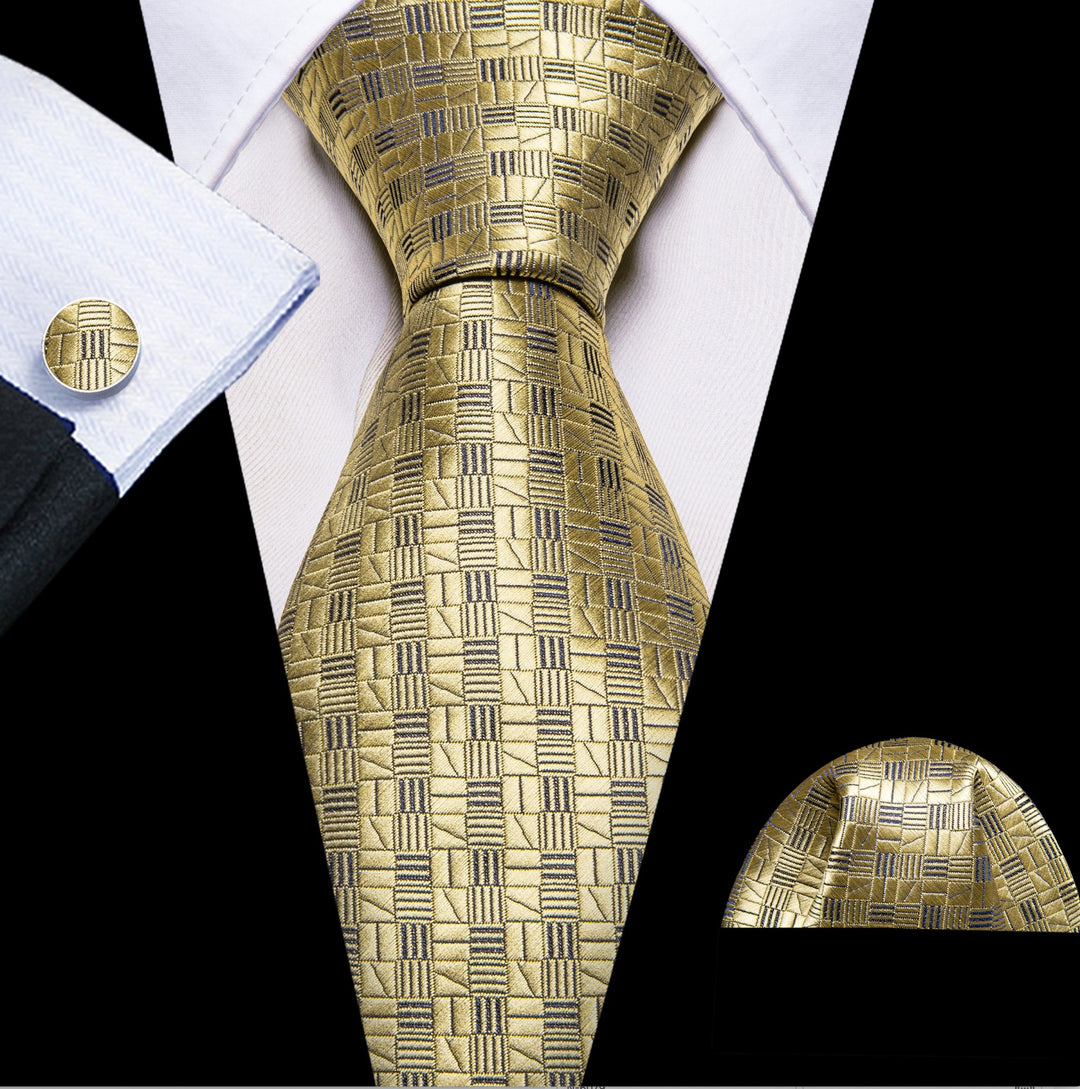 Golden Plaid Silk Men's Tie Pocket Square Cufflinks Set - N - 6306 - SimonVon Shop