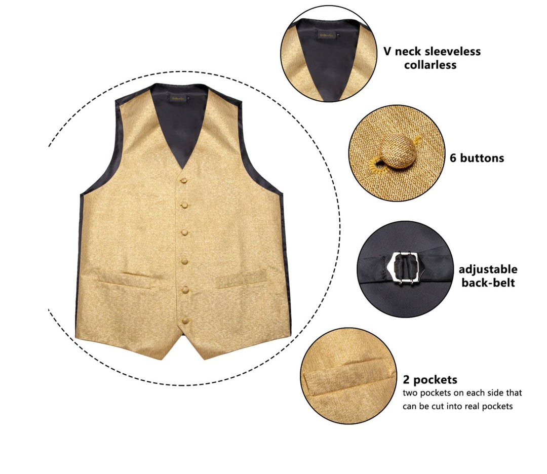 Golden Solid Jacquard Silk Men's 4pc Waistcoat Vest Necktie Pocket Square Cufflinks Set - MJ - 0122 - SimonVon Shop