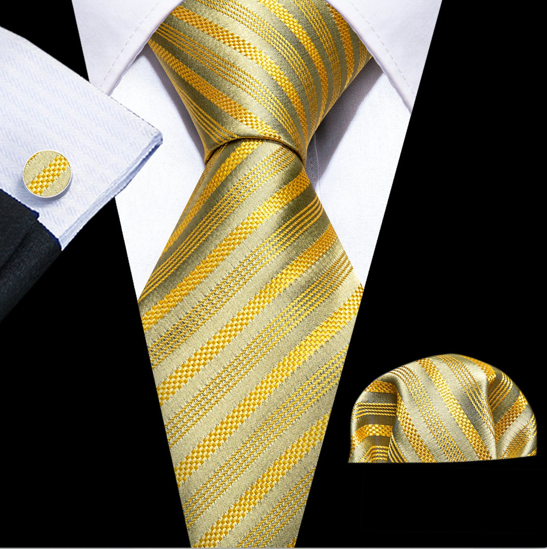 Golden Yellow Stripe Silk Tie Handkerchief Cufflinks Set - N_6292 - SimonVon Shop