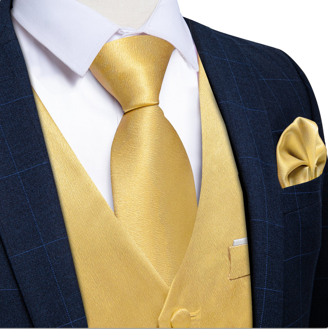 Goose Yellow Solid Satin Waistcoat Vest Tie Handkerchief Cufflinks Set - MJ - 0633 - SimonVon Shop
