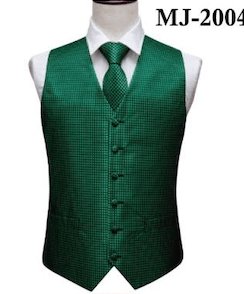 Green and Black plaid Men's 4pc Waistcoat Vest Necktie Pocket Square Cufflinks Set - MJ - 2004 - SimonVon Shop