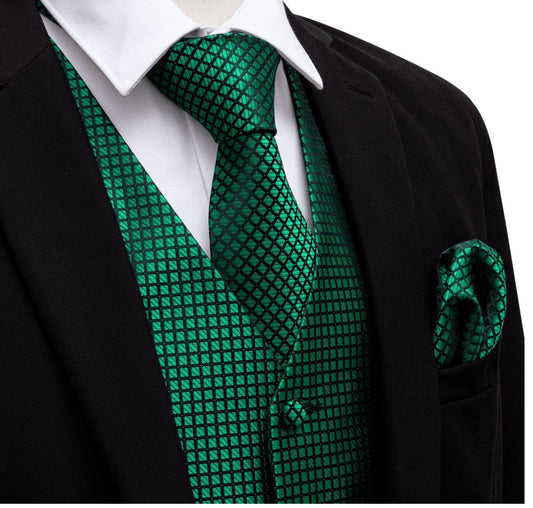 Green and Black plaid Men's 4pc Waistcoat Vest Necktie Pocket Square Cufflinks Set - MJ - 2004 - SimonVon Shop