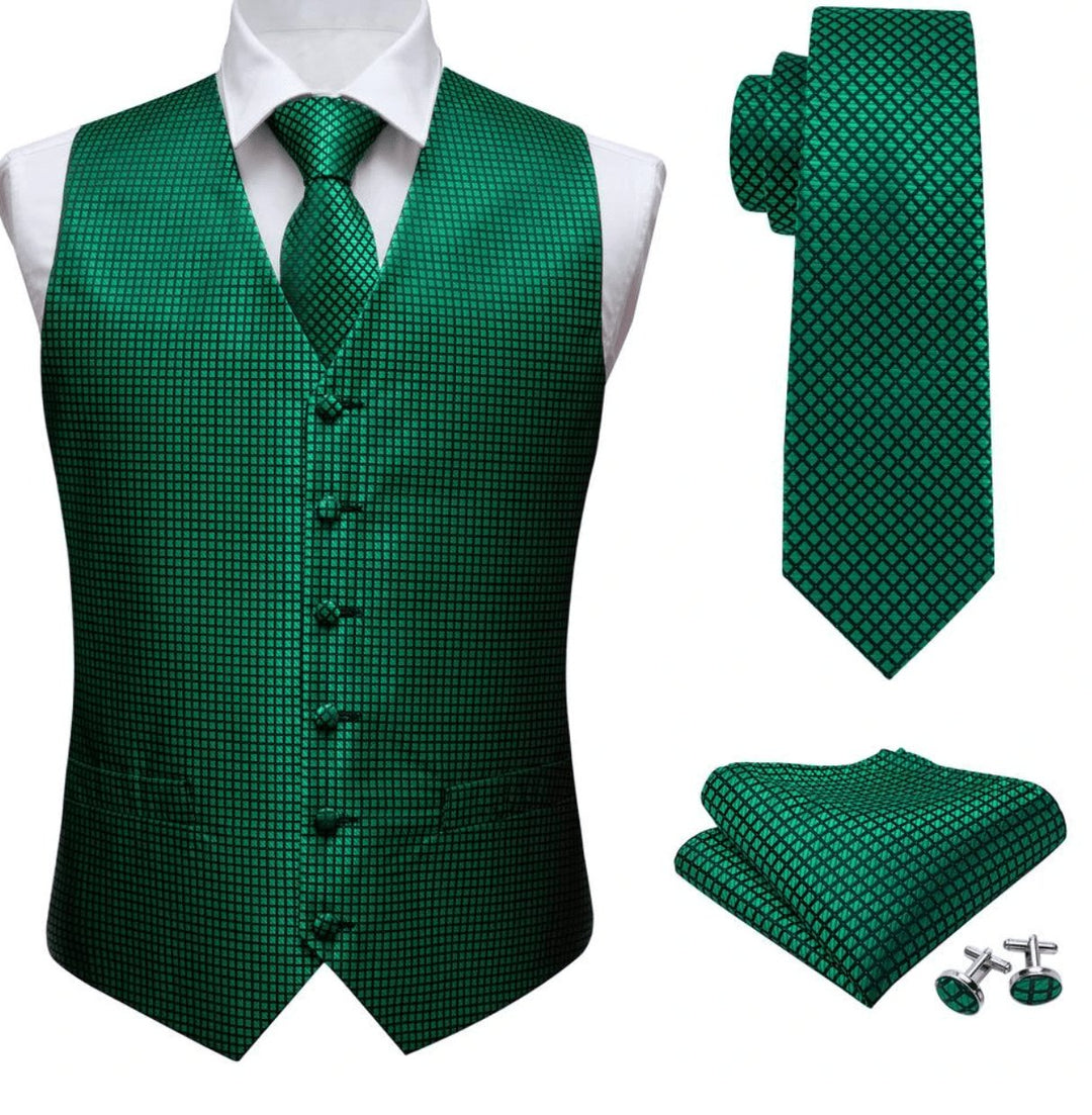 Green and Black plaid Men's 4pc Waistcoat Vest Necktie Pocket Square Cufflinks Set - MJ - 2004 - SimonVon Shop