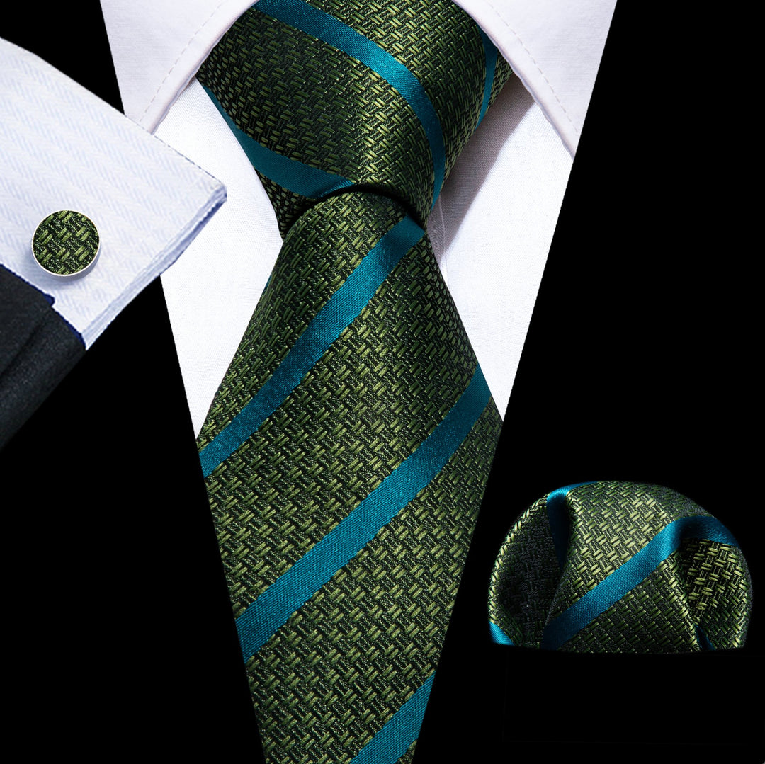 Green Blue Striped Silk Tie Handkerchief Cufflinks Set - N - 5845 - SimonVon Shop