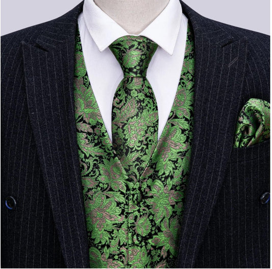 Green Brocade 4 PC Paisley Waistcoat and Necktie Pocket Square Cufflink Vest Set - MJ - 2040 - SimonVon Shop