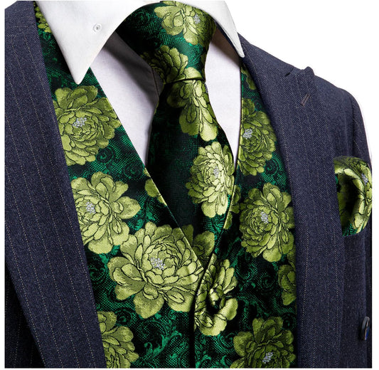 Green Flower Silk Vest Tie Pocket Square Cufflinks Set - MJ - 2561 - SimonVon Shop