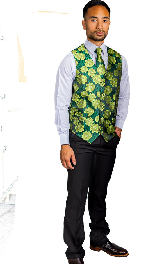 Green Flower Silk Vest Tie Pocket Square Cufflinks Set - MJ - 2561 - SimonVon Shop