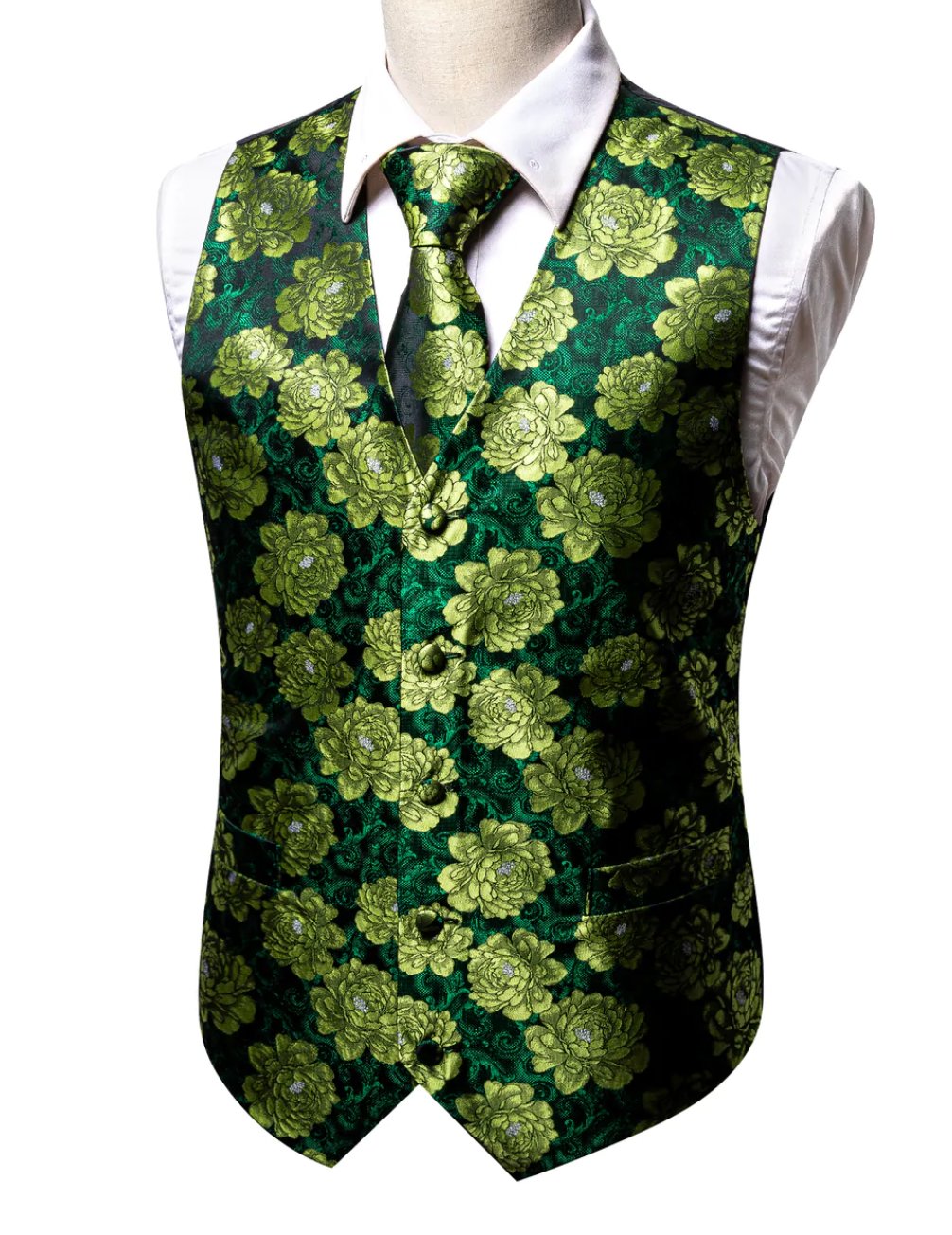 Green Flower Silk Vest Tie Pocket Square Cufflinks Set - MJ - 2561 - SimonVon Shop