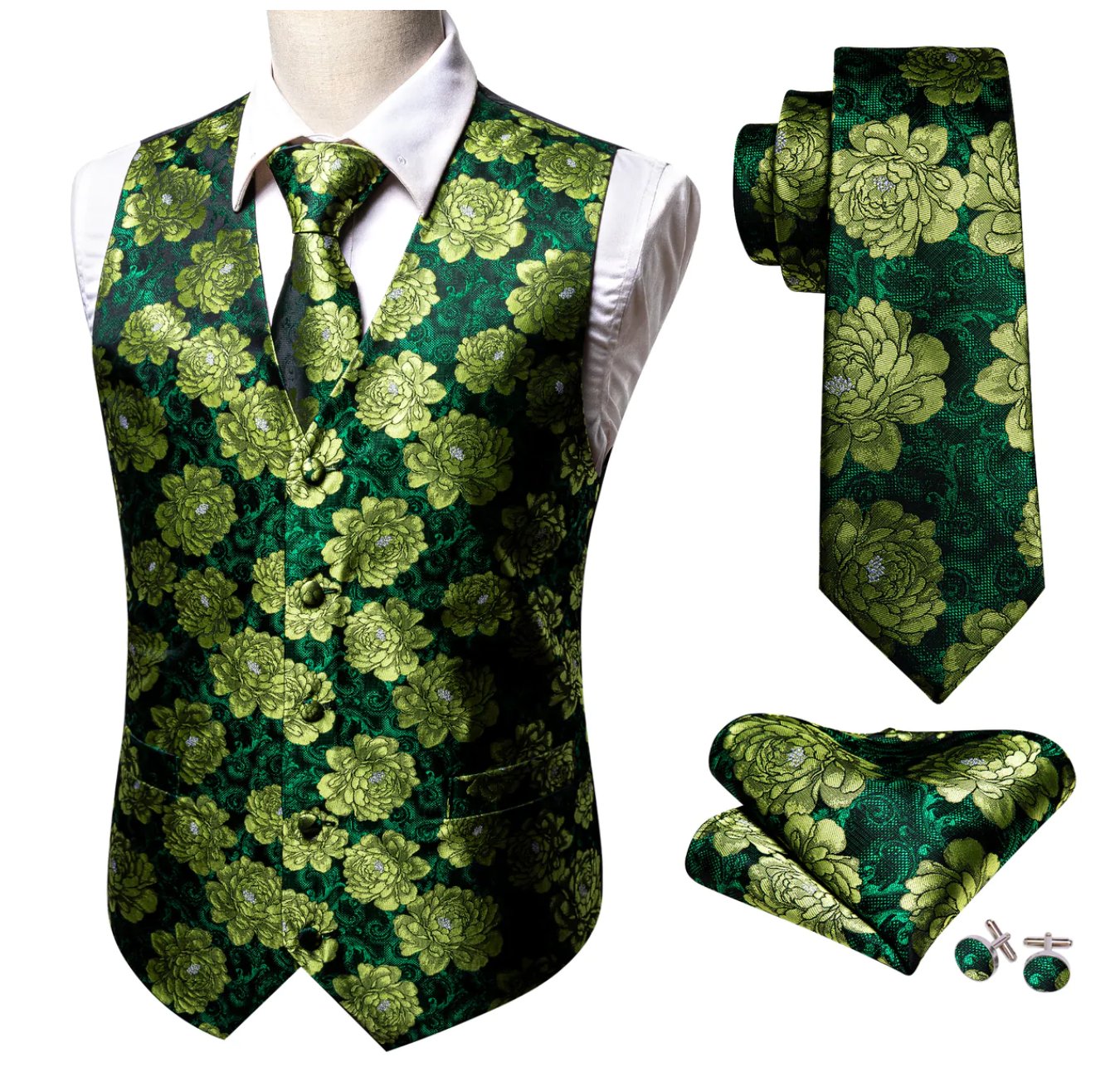 Green Flower Silk Vest Tie Pocket Square Cufflinks Set - MJ - 2561 - SimonVon Shop