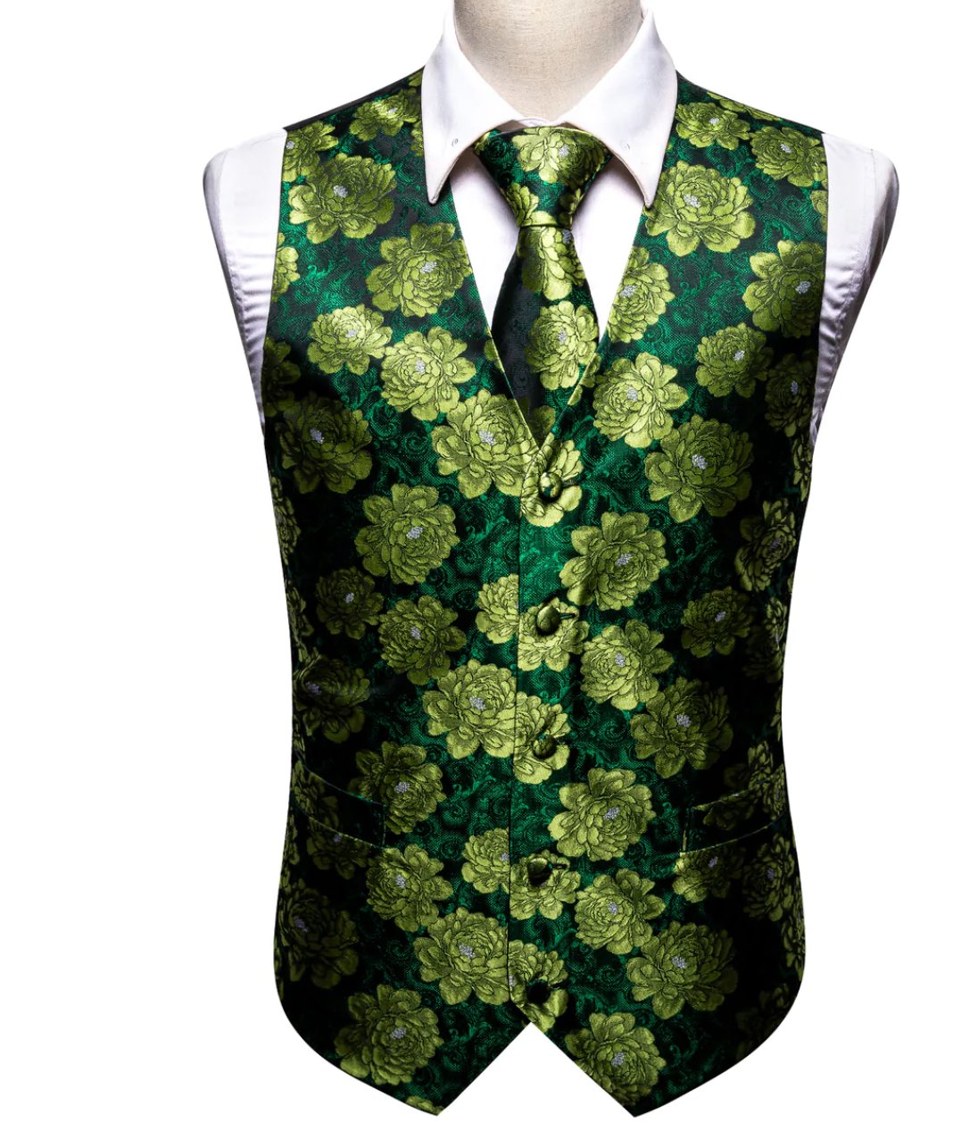 Green Flower Silk Vest Tie Pocket Square Cufflinks Set - MJ - 2561 - SimonVon Shop