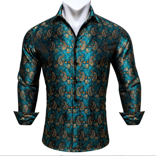 Green Orange Peacock Paisley Men's Shirt - CY - 0434 - SimonVon Shop