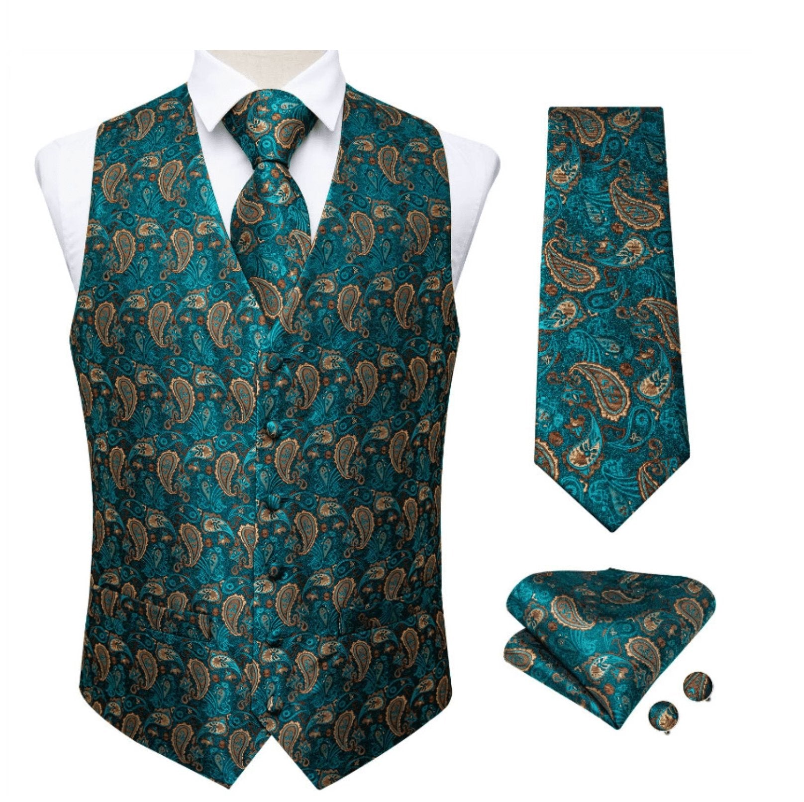 Green Peacock 4 PC Paisley Waistcoat and Necktie Pocket Square Cufflink Vest Set - MJ - 0125 - SimonVon Shop