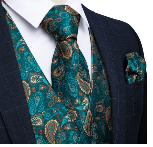 Green Peacock 4 PC Paisley Waistcoat and Necktie Pocket Square Cufflink Vest Set - MJ - 0125 - SimonVon Shop