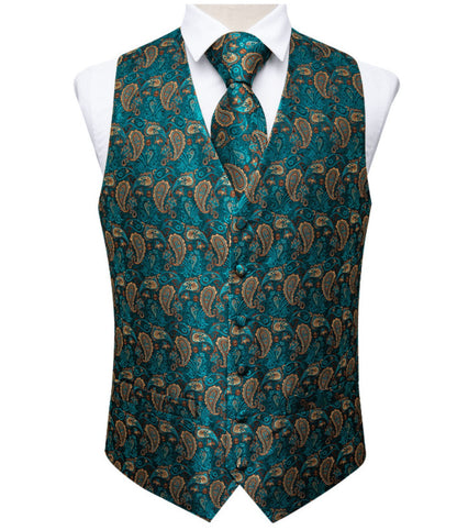 Green Peacock 4 PC Paisley Waistcoat and Necktie Pocket Square Cufflink Vest Set - MJ - 0125 - SimonVon Shop