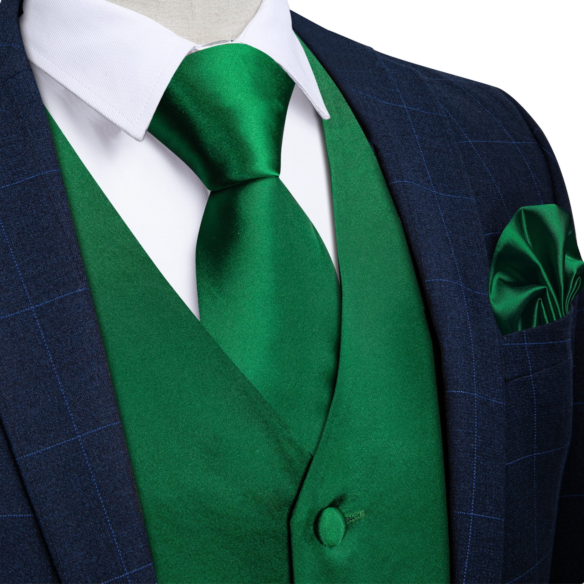GREEN SOLID SATIN WAISTCOAT VEST TIE HANDKERCHIEF CUFFLINKS SET- MD-0316 - SimonVon Shop