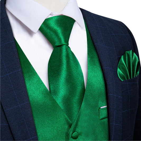 Green Solid Satin Waistcoat Vest Tie Handkerchief Cufflinks Set - MJ - 0628 - SimonVon Shop