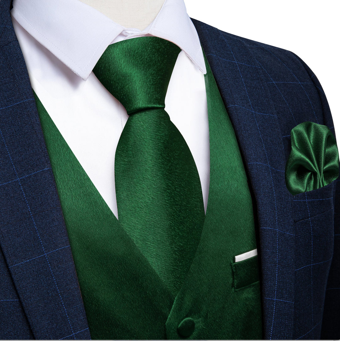 Green Solid Satin Waistcoat Vest Tie Handkerchief Cufflinks Set - MJ - 0639 - SimonVon Shop