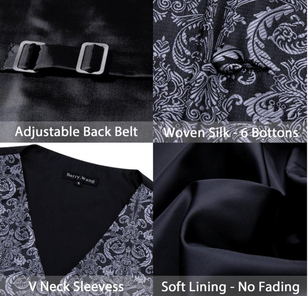 Grey Black Floral Jacquard Silk Waistcoat Vest Handkerchief Cufflinks Tie Vest Set - Mj - 0011 - SimonVon Shop