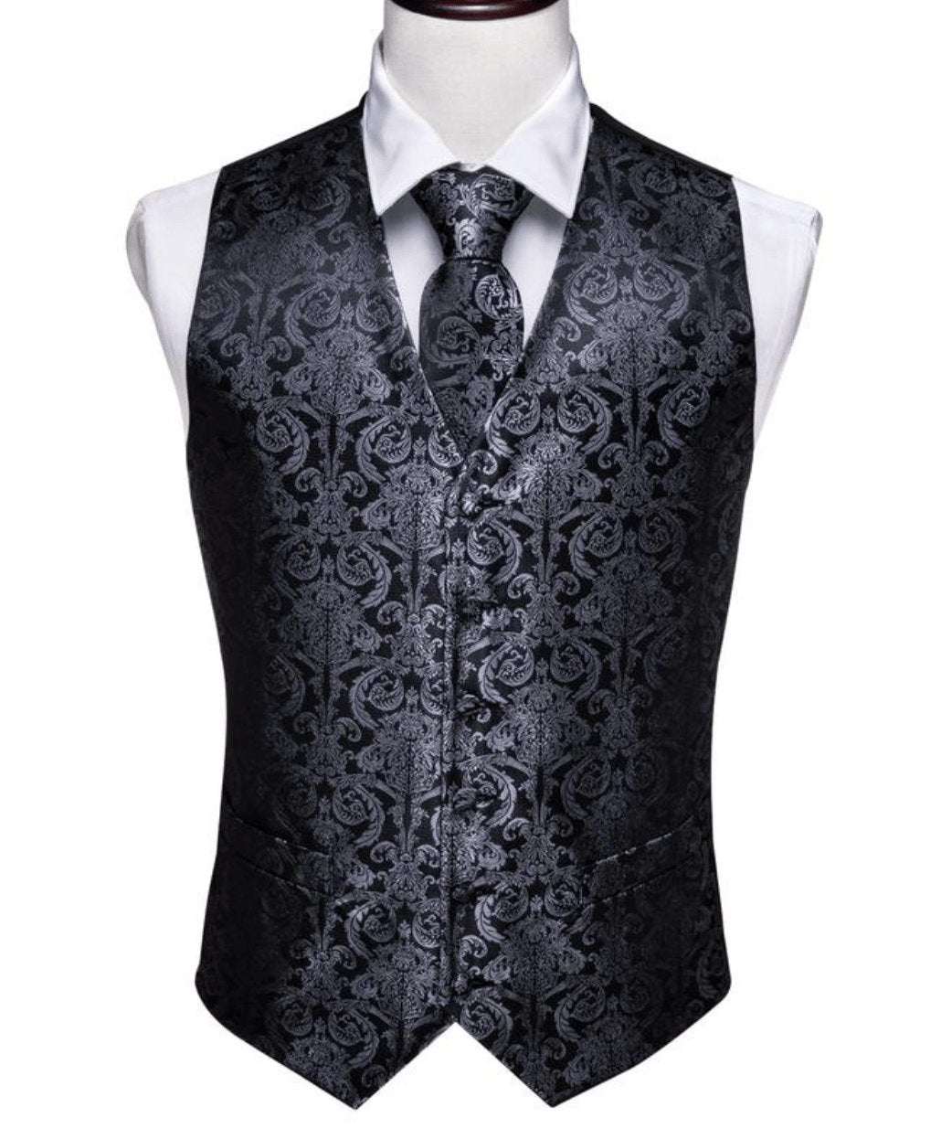 Grey Black Floral Jacquard Silk Waistcoat Vest Handkerchief Cufflinks Tie Vest Set - Mj - 0011 - SimonVon Shop