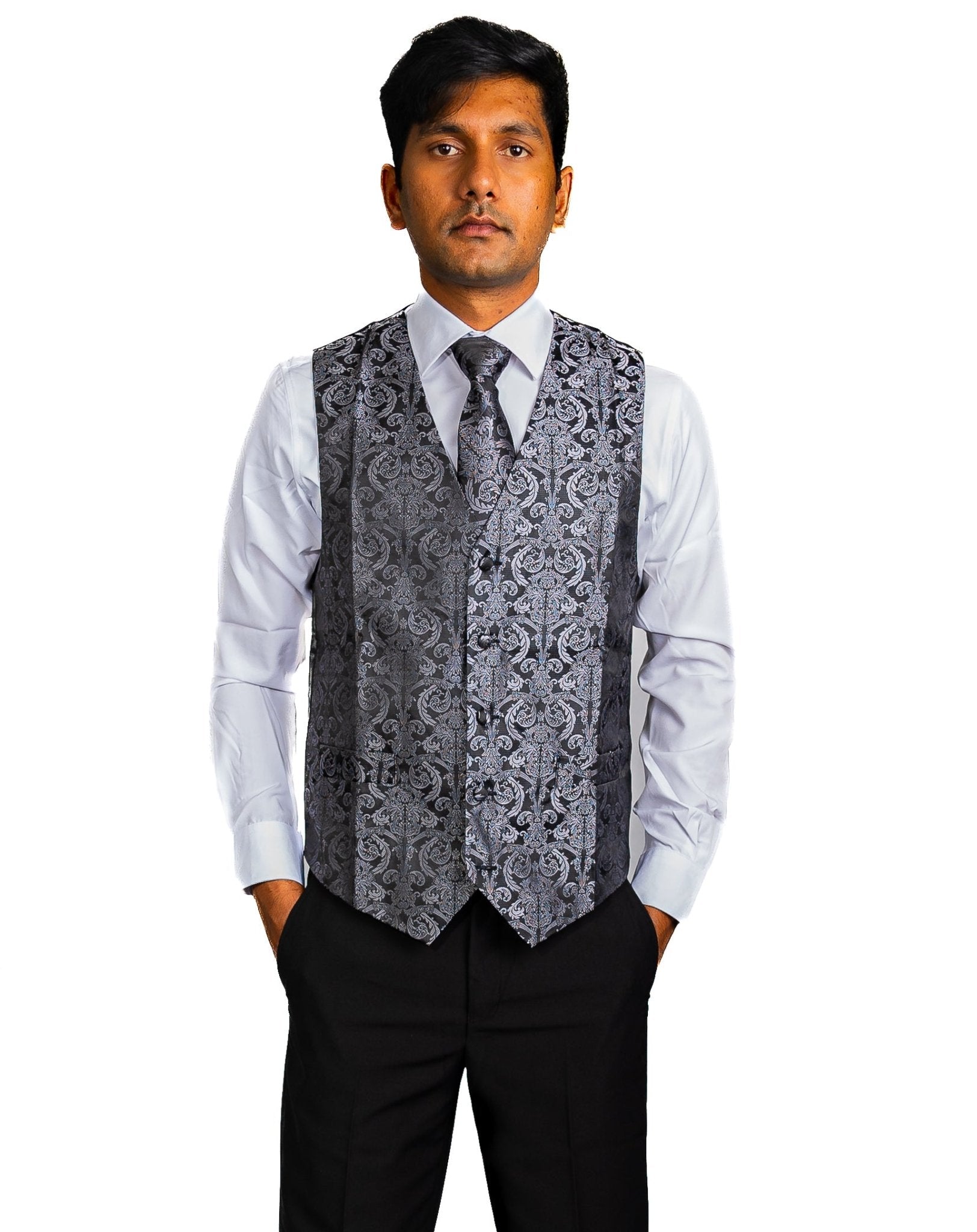 Grey Black Floral Jacquard Silk Waistcoat Vest Handkerchief Cufflinks Tie Vest Set-Mj-2003 - SimonVon Shop