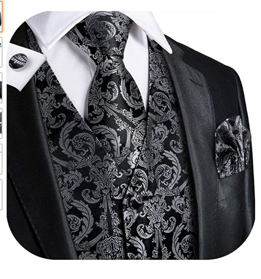 Grey Black Floral Jacquard Silk Waistcoat Vest Handkerchief Cufflinks Tie Vest Set - Mj - 2003 - SimonVon Shop