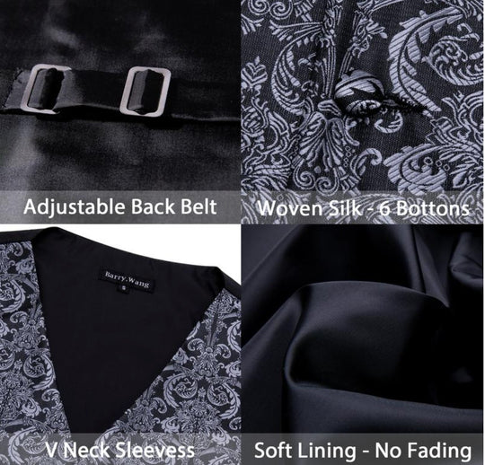 Grey Black Floral Jacquard Silk Waistcoat Vest Handkerchief Cufflinks Tie Vest Set - Mj - 2003 - SimonVon Shop