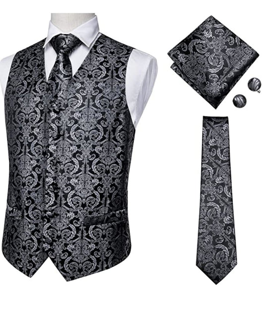 Grey Black Floral Jacquard Silk Waistcoat Vest Handkerchief Cufflinks Tie Vest Set - Mj - 2003 - SimonVon Shop