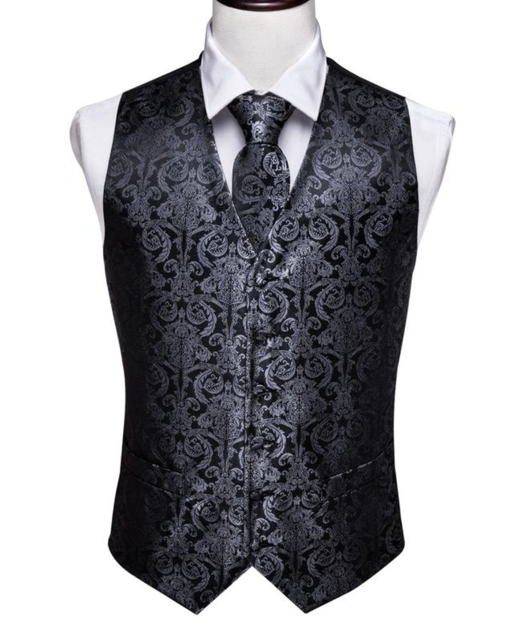 Grey Black Floral Jacquard Silk Waistcoat Vest Handkerchief Cufflinks Tie Vest Set - Mj - 2003 - SimonVon Shop