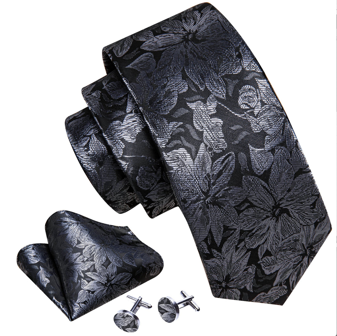 Grey Black Flower Silk Tie Handkerchief Cufflinks Set - N - 6552 - SimonVon Shop