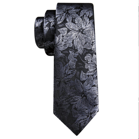 Grey Black Flower Silk Tie Handkerchief Cufflinks Set - N - 6552 - SimonVon Shop
